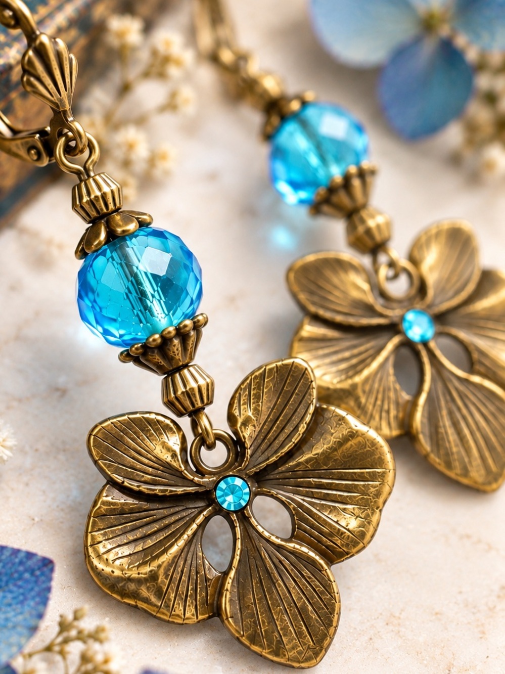 Handmade Blue Czech Glass Faceted Bead, Antique Brass Pansy Earrings